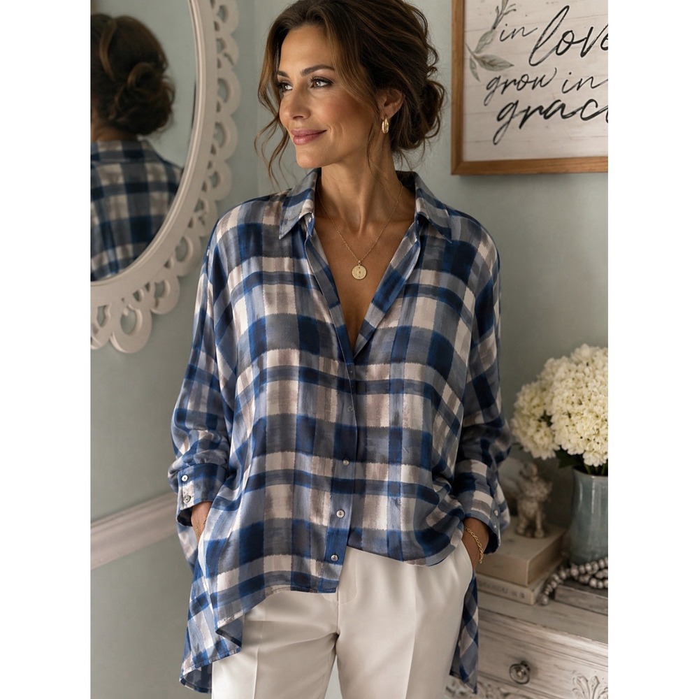 St. John Silk Blend Button-Down Long Sleeve Shirt Blue Abstract Flowy S Luxury